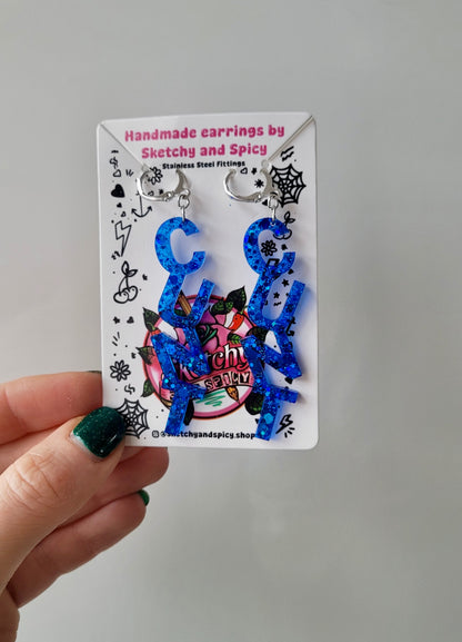 Dark Blue Glitter CUNT Earrings - Lever-back Hoops