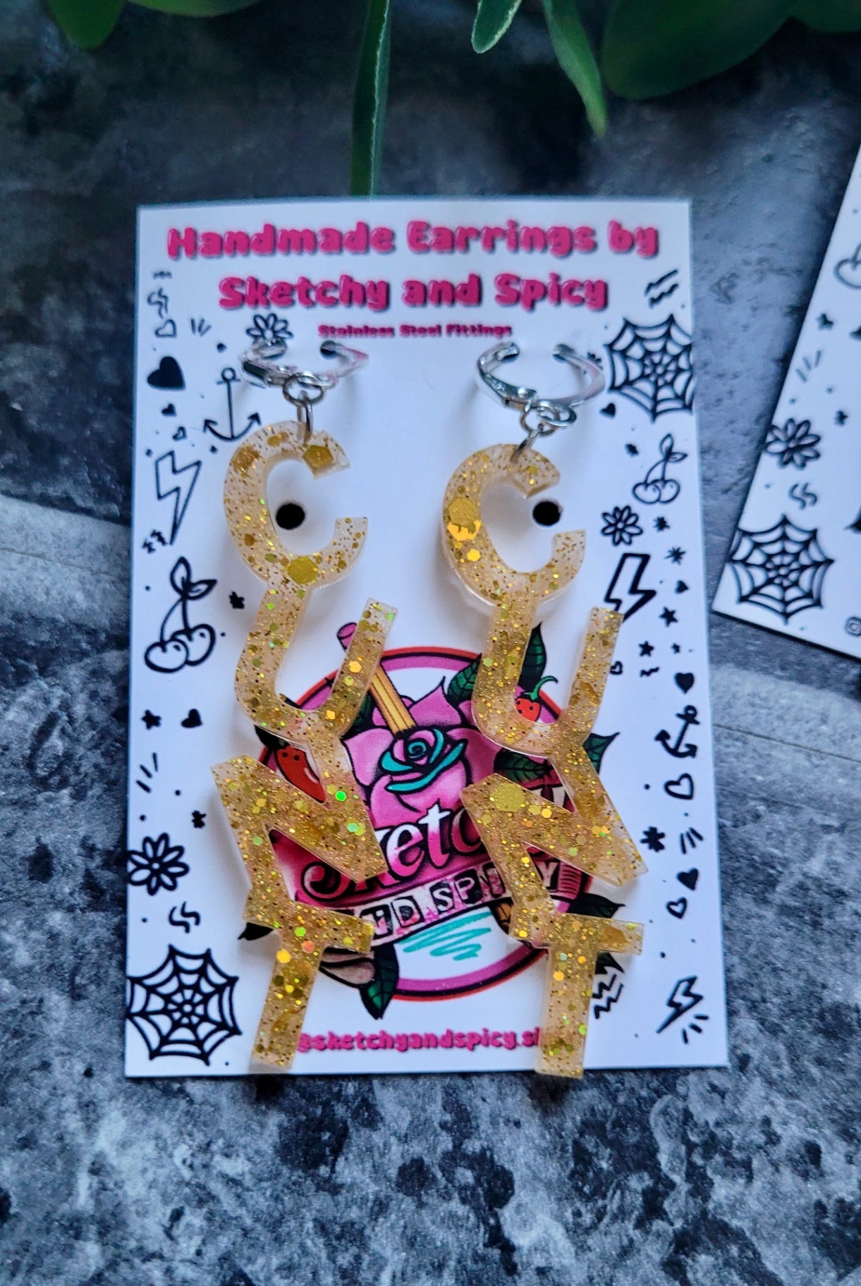 Gold Glitter CUNT Earrings