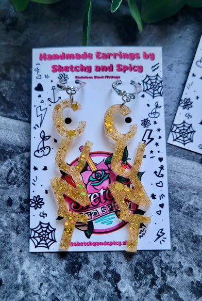 Gold Glitter CUNT Earrings
