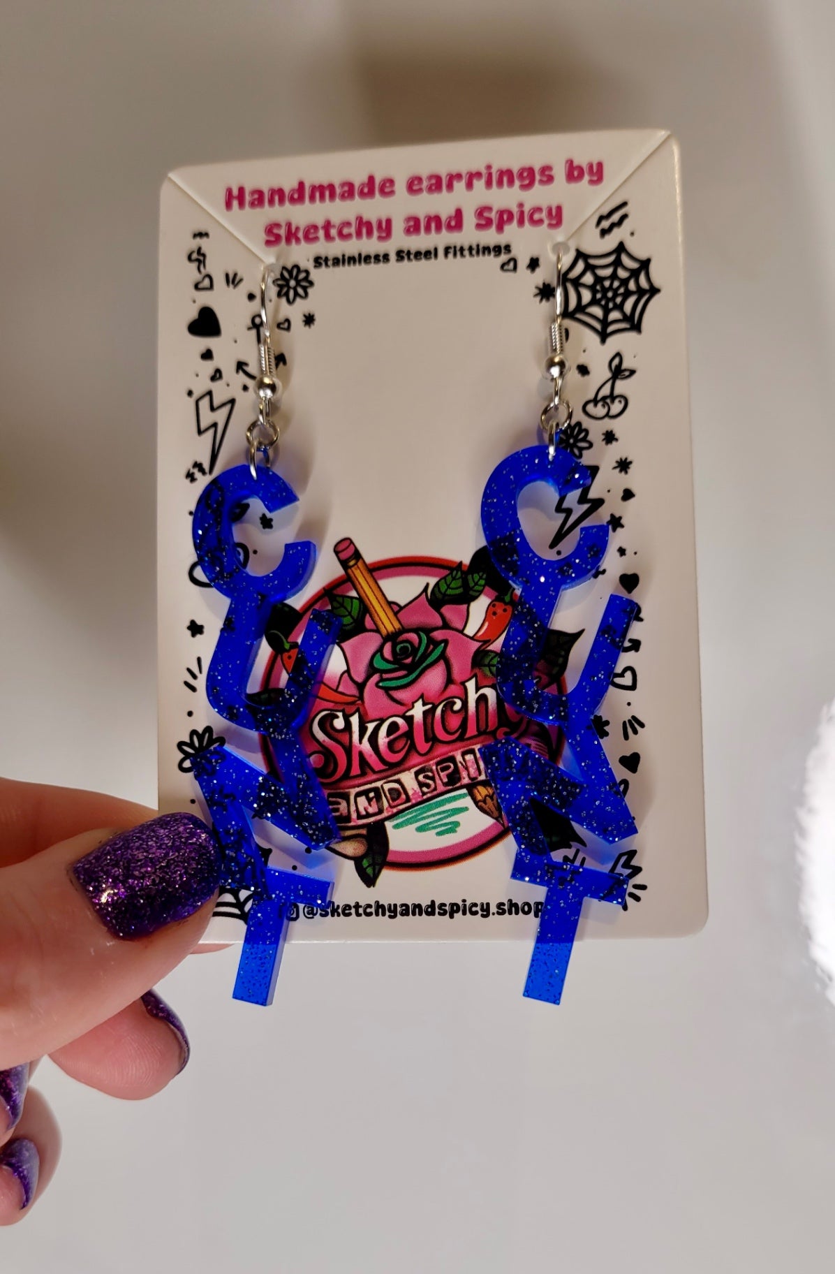 Blue Glitter CUNT Earrings - Shepherd Hooks
