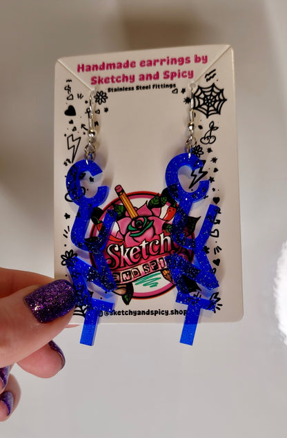 Blue Glitter CUNT Earrings - Shepherd Hooks
