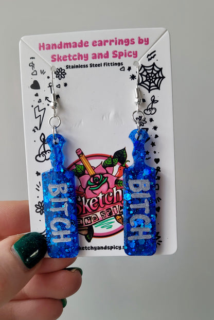 Blue Glitter “BITCH” Paddle Earrings