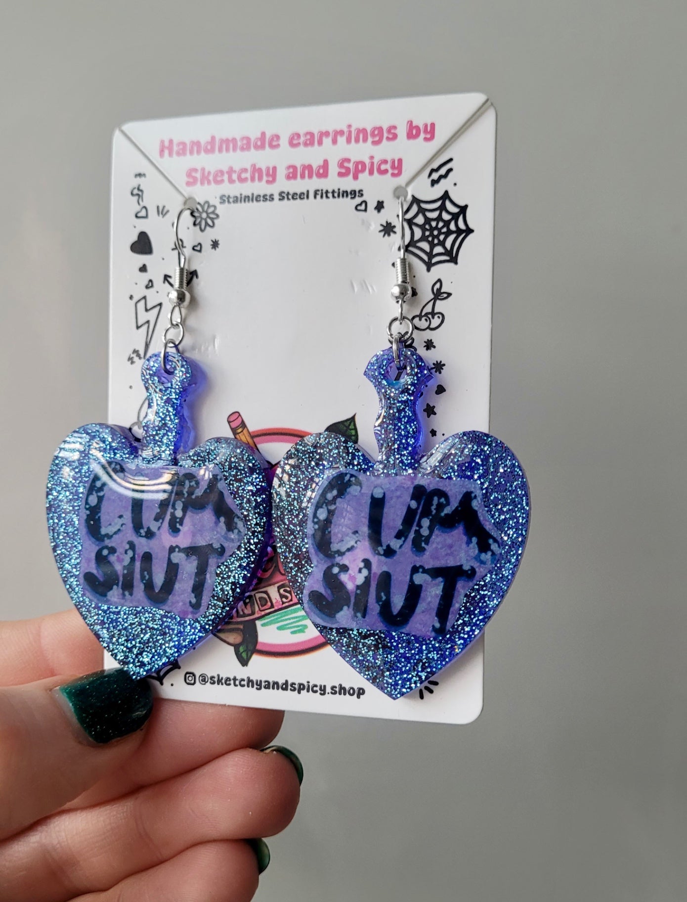 Blue Glitter Heart Paddle Cum Slut Earrings
