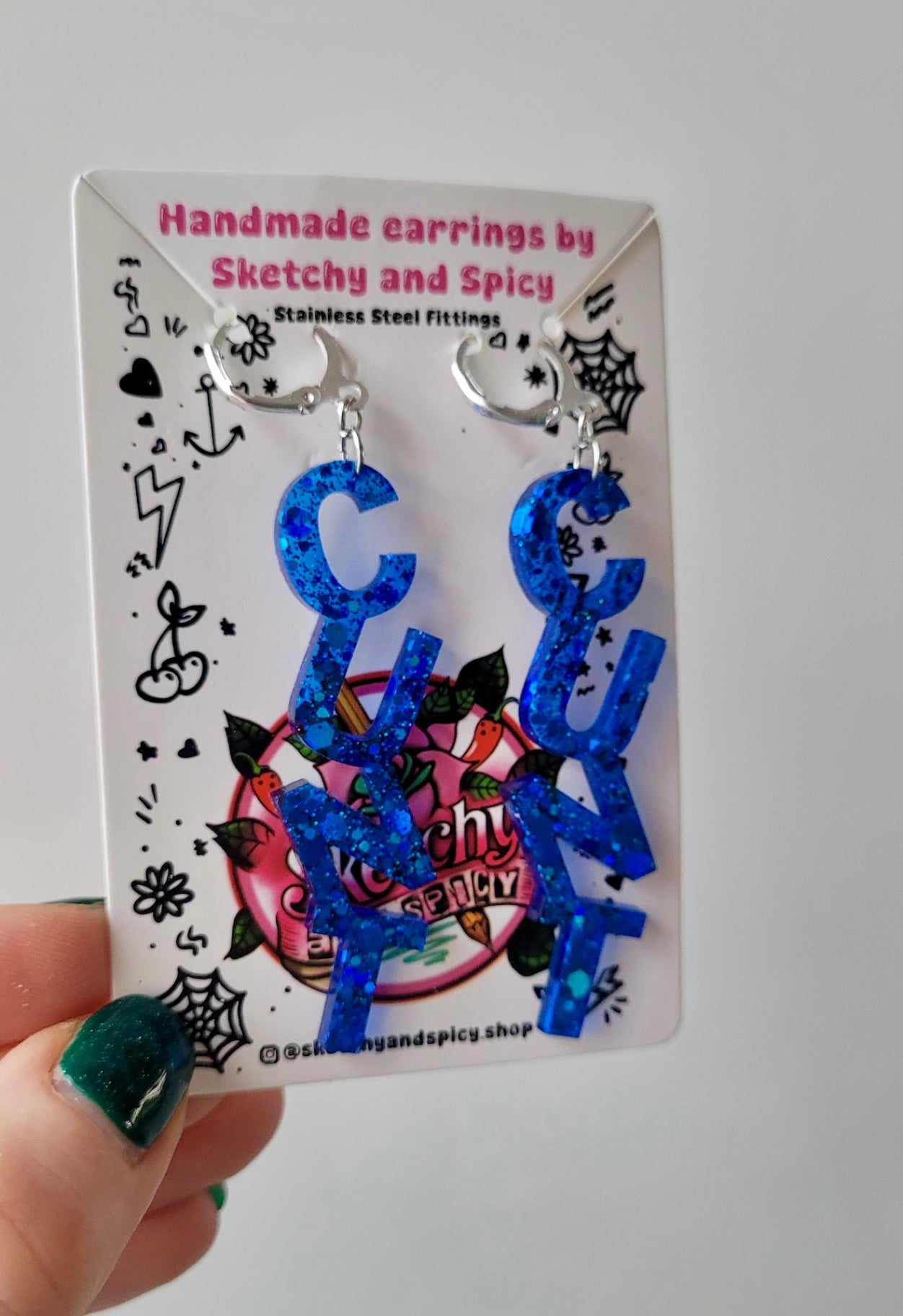 Dark Blue Glitter CUNT Earrings - Lever-back Hoops