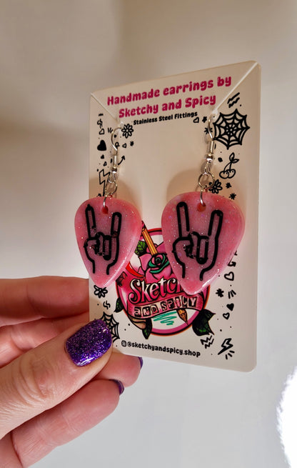 Pink Glitter Plectrum Earrings with Rock On Hand