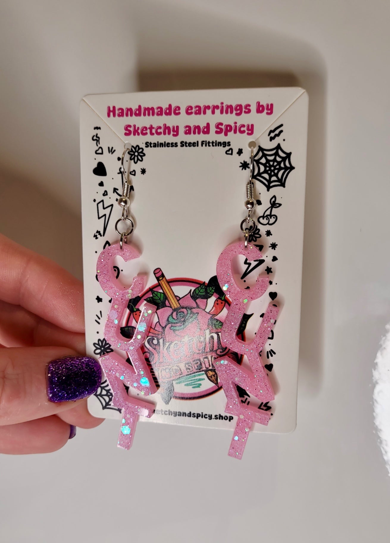 Light Pink Glitter CUNT Earrings