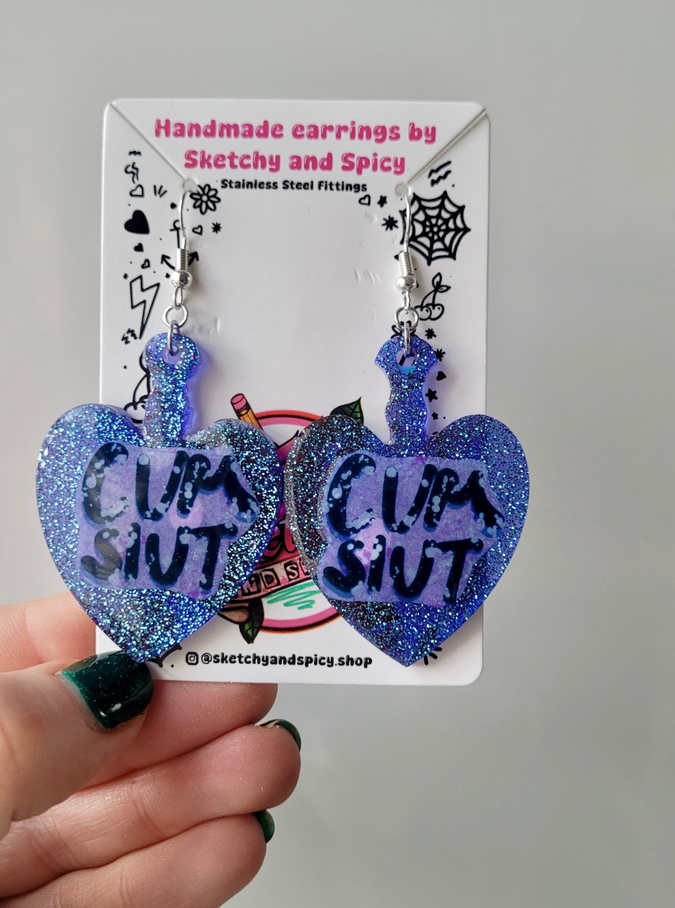 Blue Glitter Heart Paddle Cum Slut Earrings
