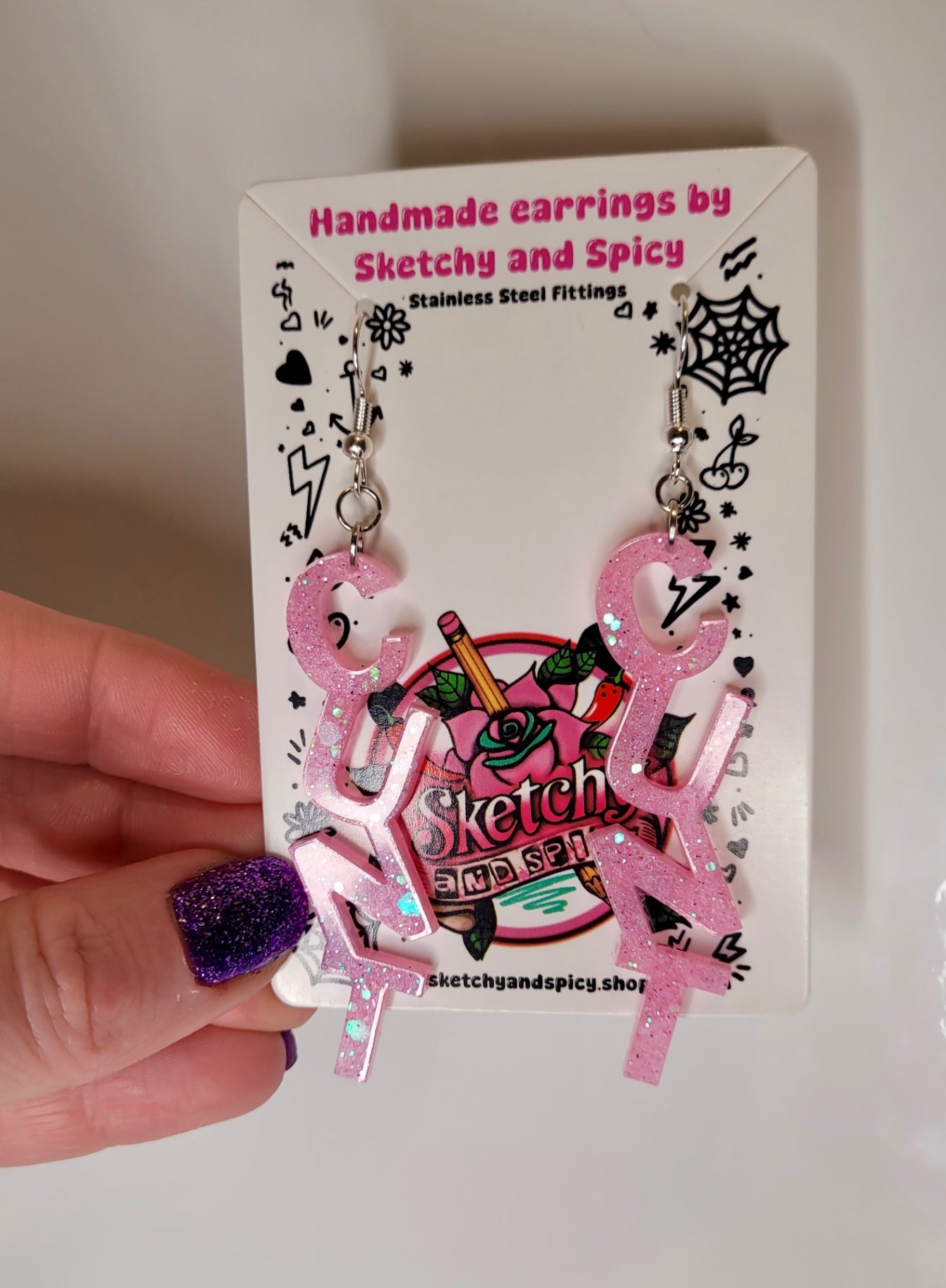 Light Pink Glitter CUNT Earrings