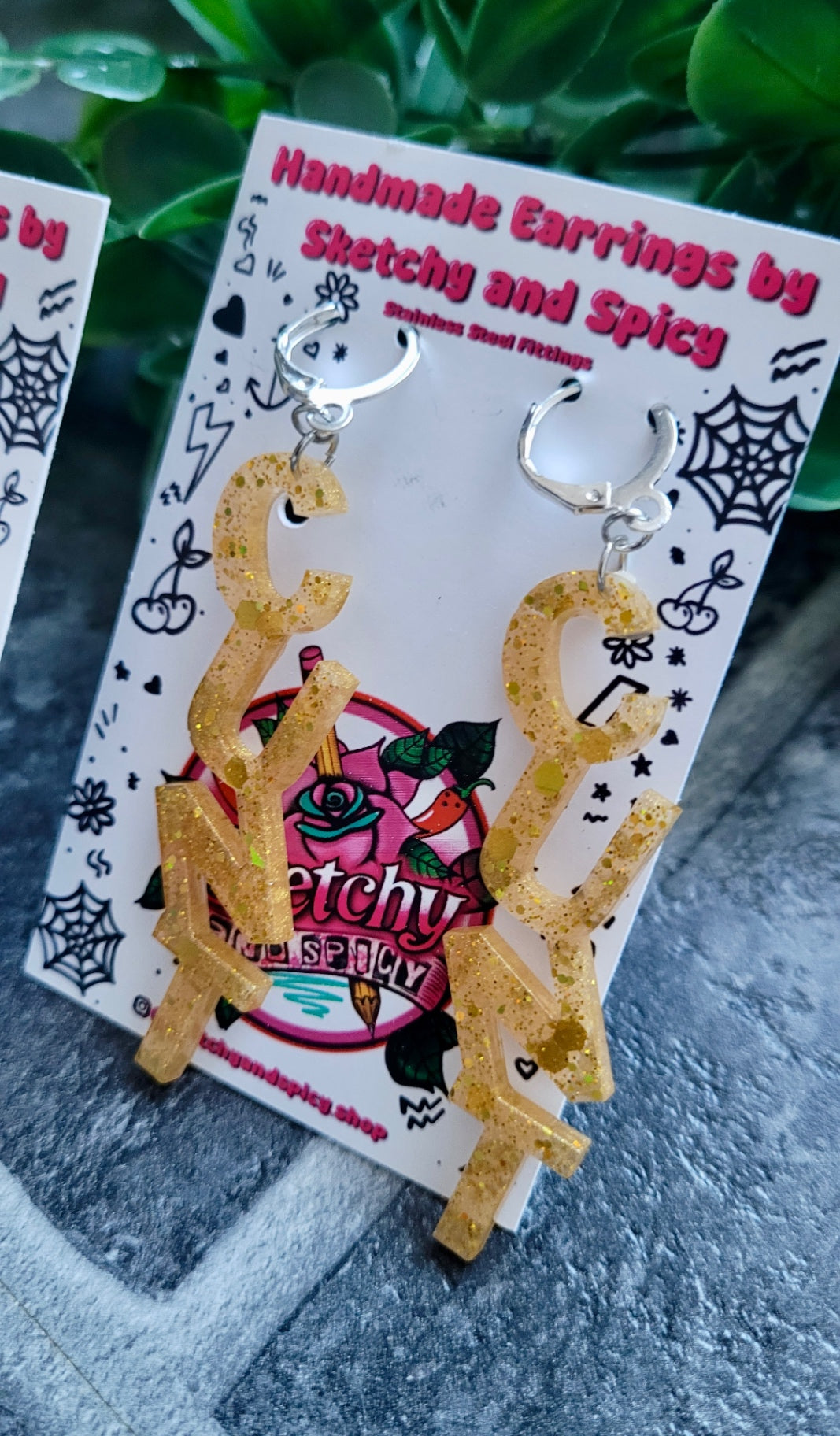 Gold Glitter CUNT Earrings