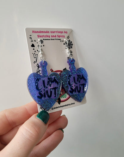 Blue Glitter Heart Paddle Cum Slut Earrings