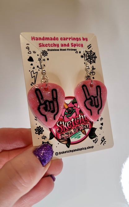 Pink Glitter Plectrum Earrings with Rock On Hand