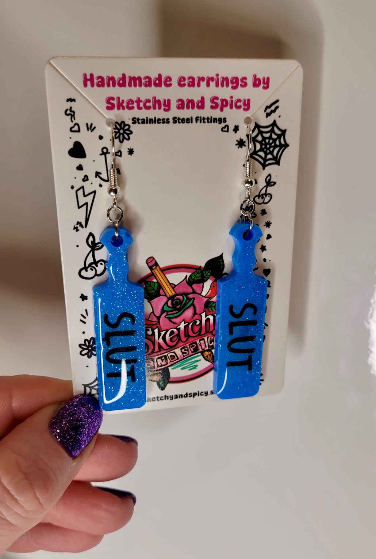 Blue Glitter SLUT Paddle Earrings