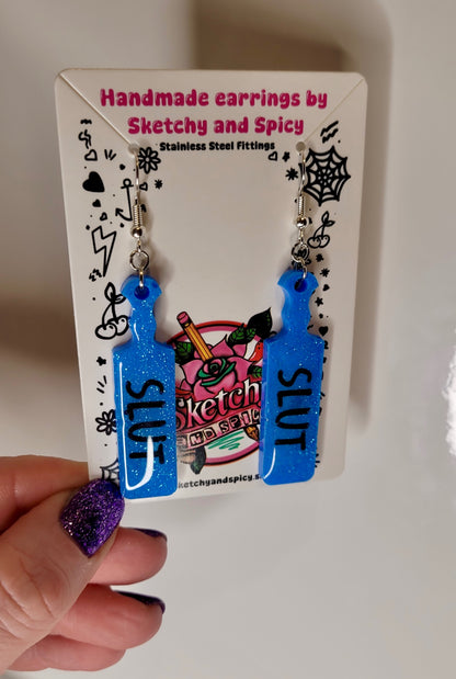 Blue Glitter SLUT Paddle Earrings