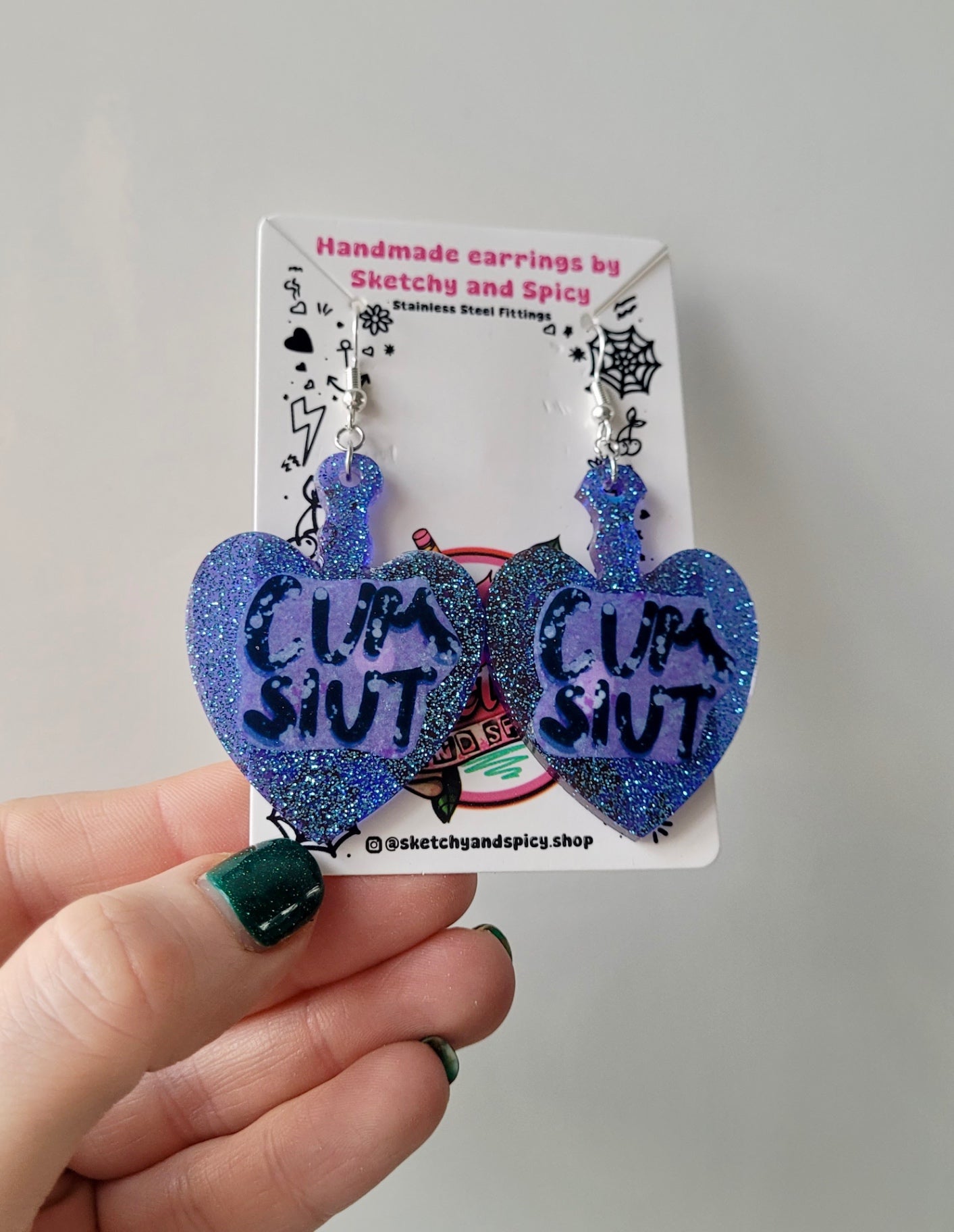 Blue Glitter Heart Paddle Cum Slut Earrings