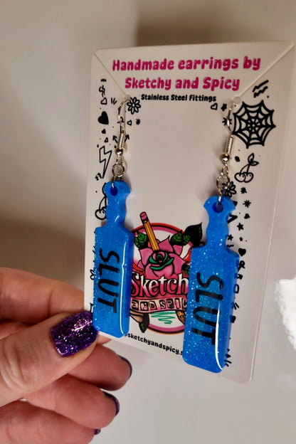 Blue Glitter SLUT Paddle Earrings