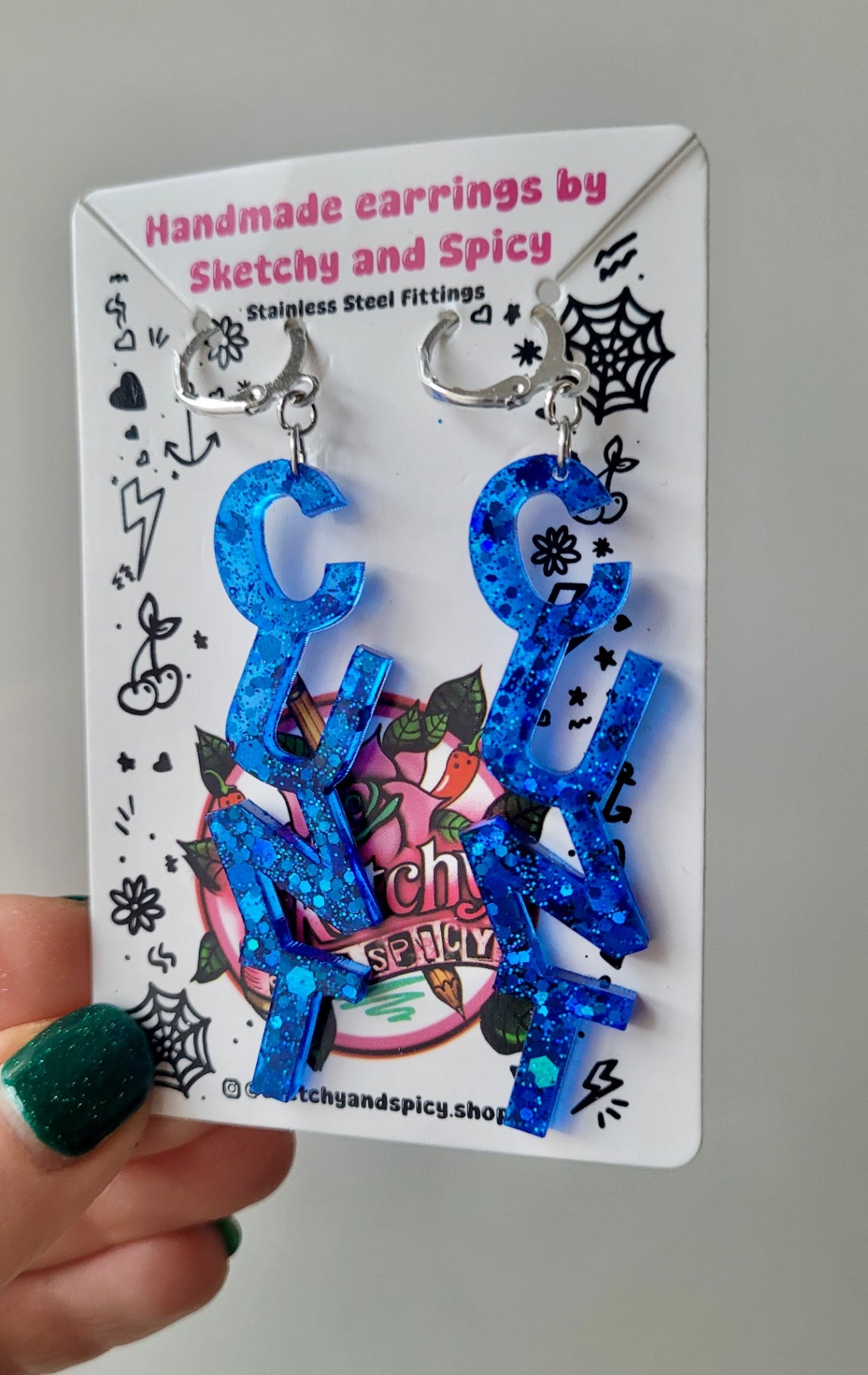 Dark Blue Glitter CUNT Earrings - Lever-back Hoops