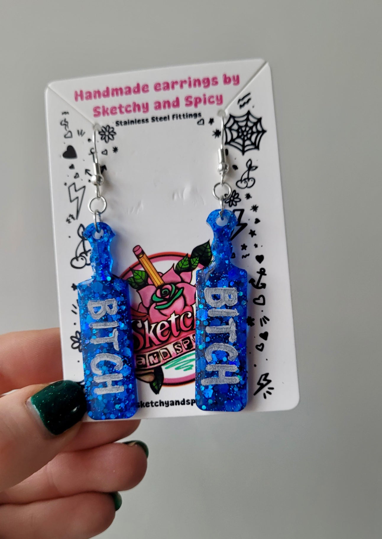 Blue Glitter “BITCH” Paddle Earrings