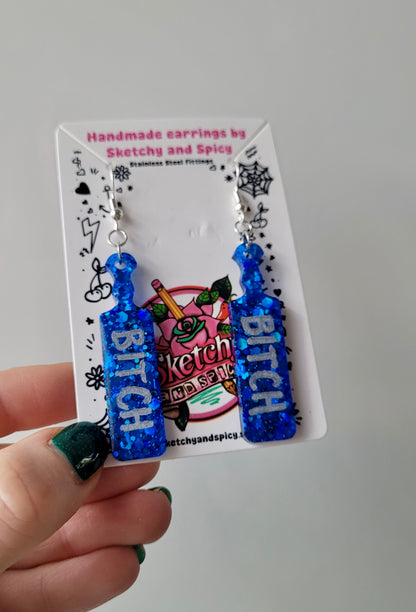 Blue Glitter “BITCH” Paddle Earrings
