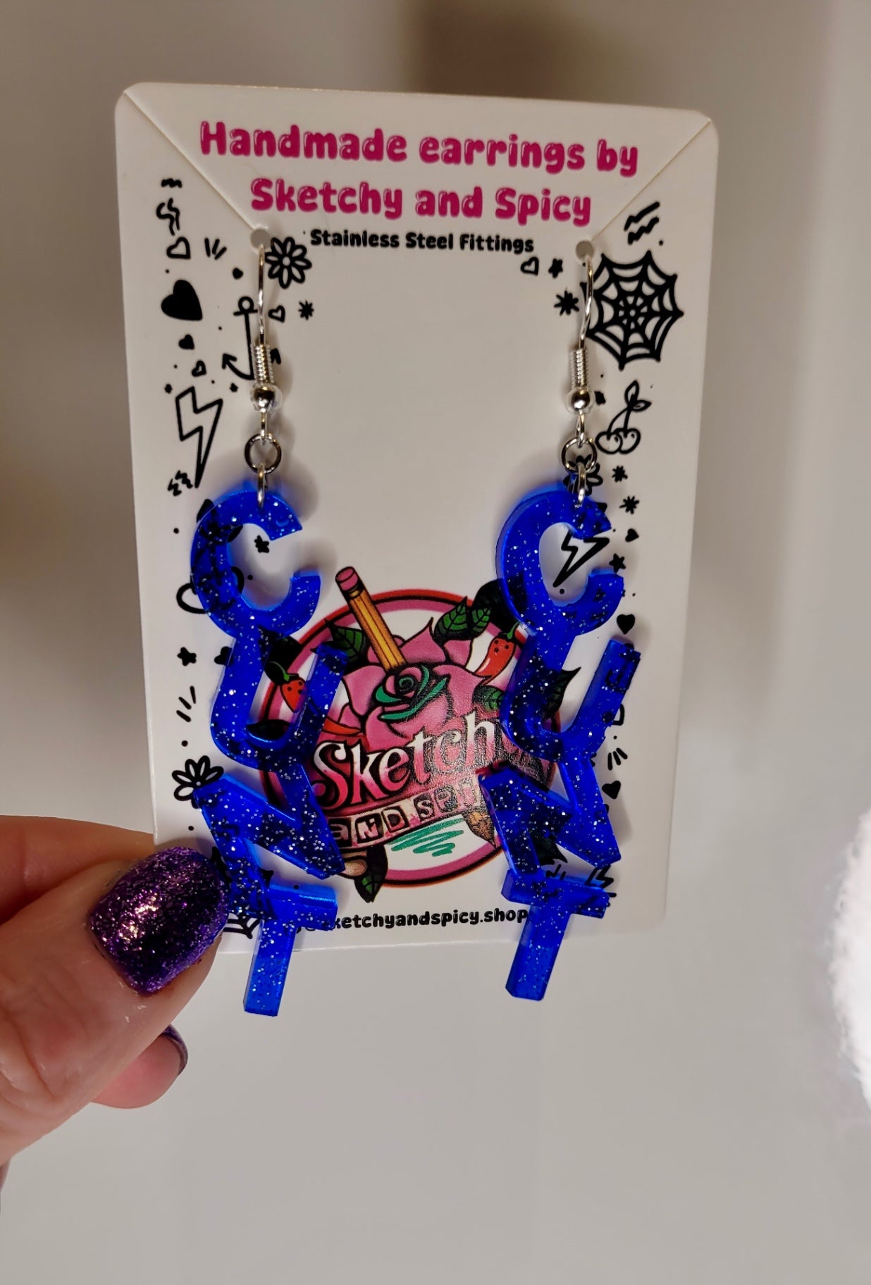 Blue Glitter CUNT Earrings - Shepherd Hooks