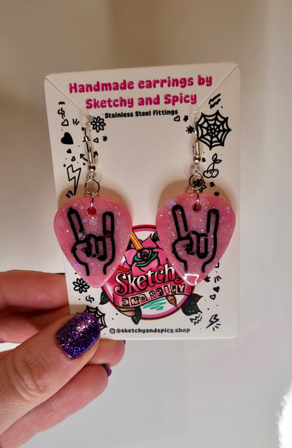 Pink Glitter Plectrum Earrings with Rock On Hand
