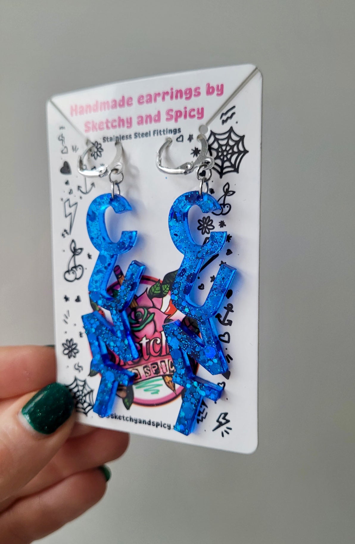 Dark Blue Glitter CUNT Earrings - Lever-back Hoops