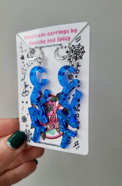 Dark Blue Glitter CUNT Earrings - Lever-back Hoops