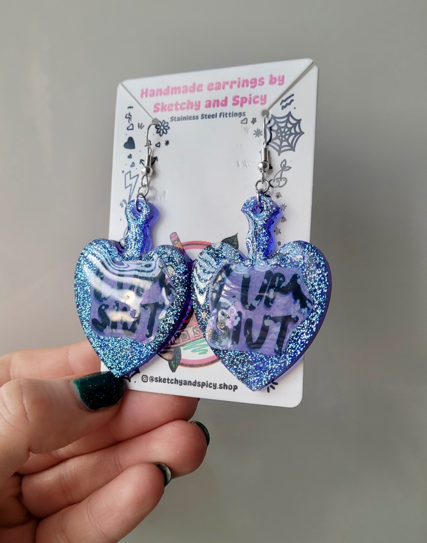 Blue Glitter Heart Paddle Cum Slut Earrings