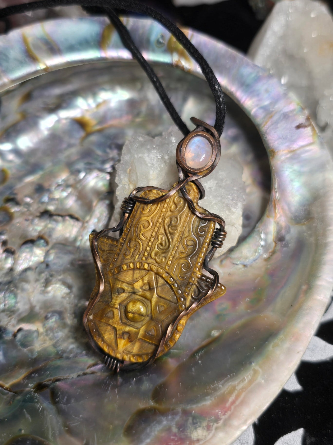 Tigers eye and moonstone hamsa hand necklace