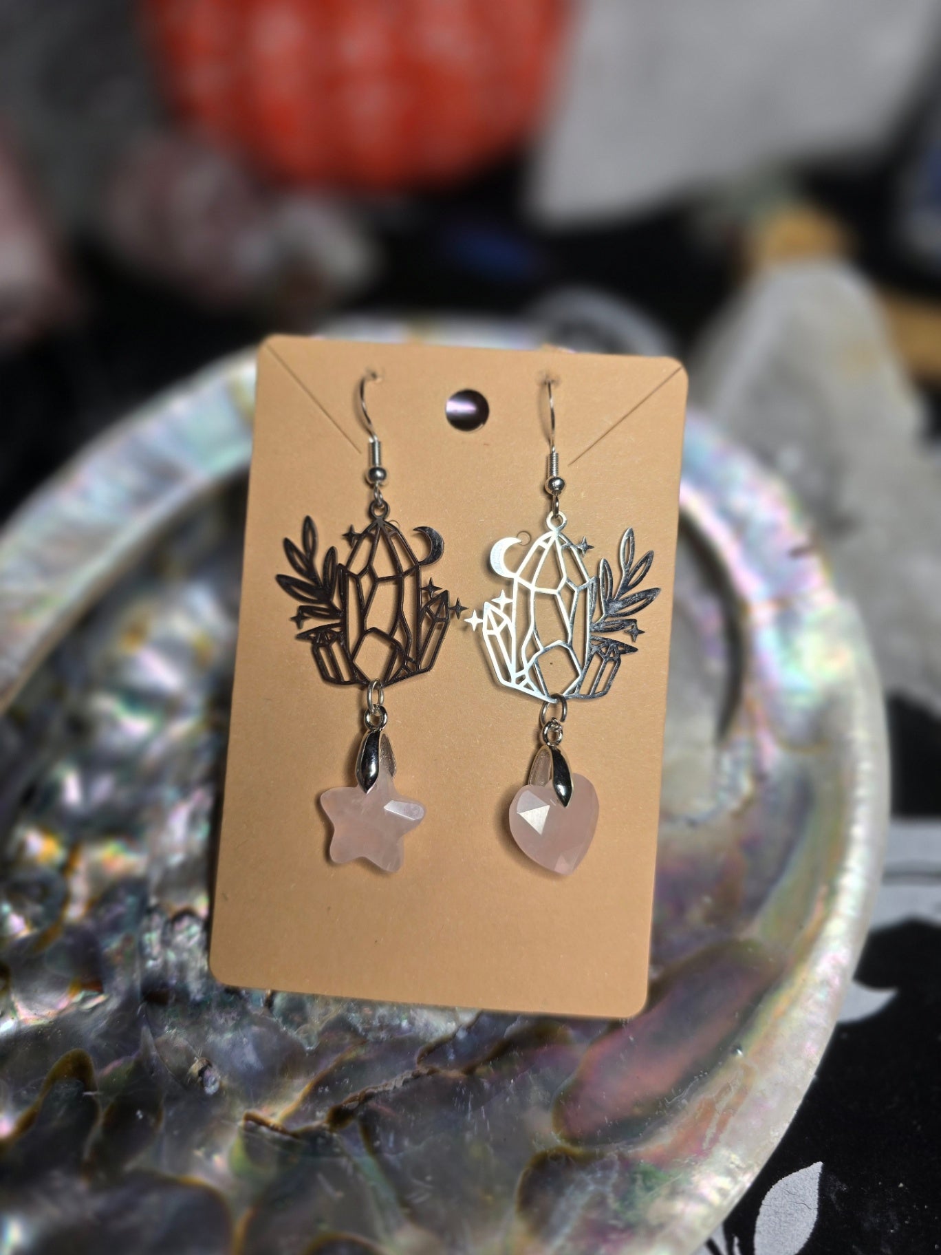 Rose quartz heart and star crystal moon earrings