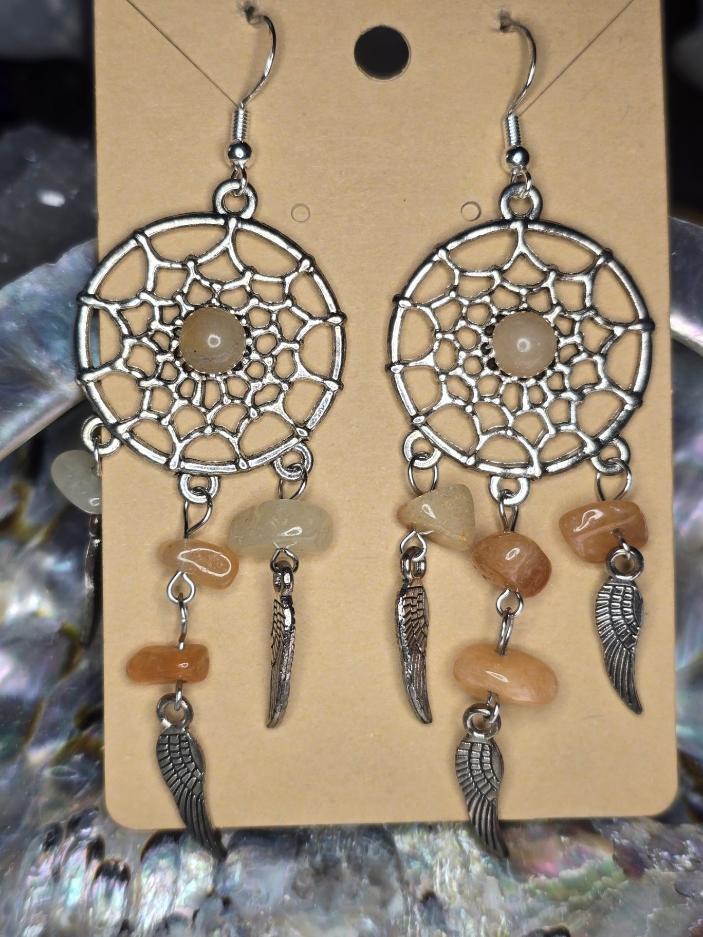 Orange calcite dream catcher earrings 