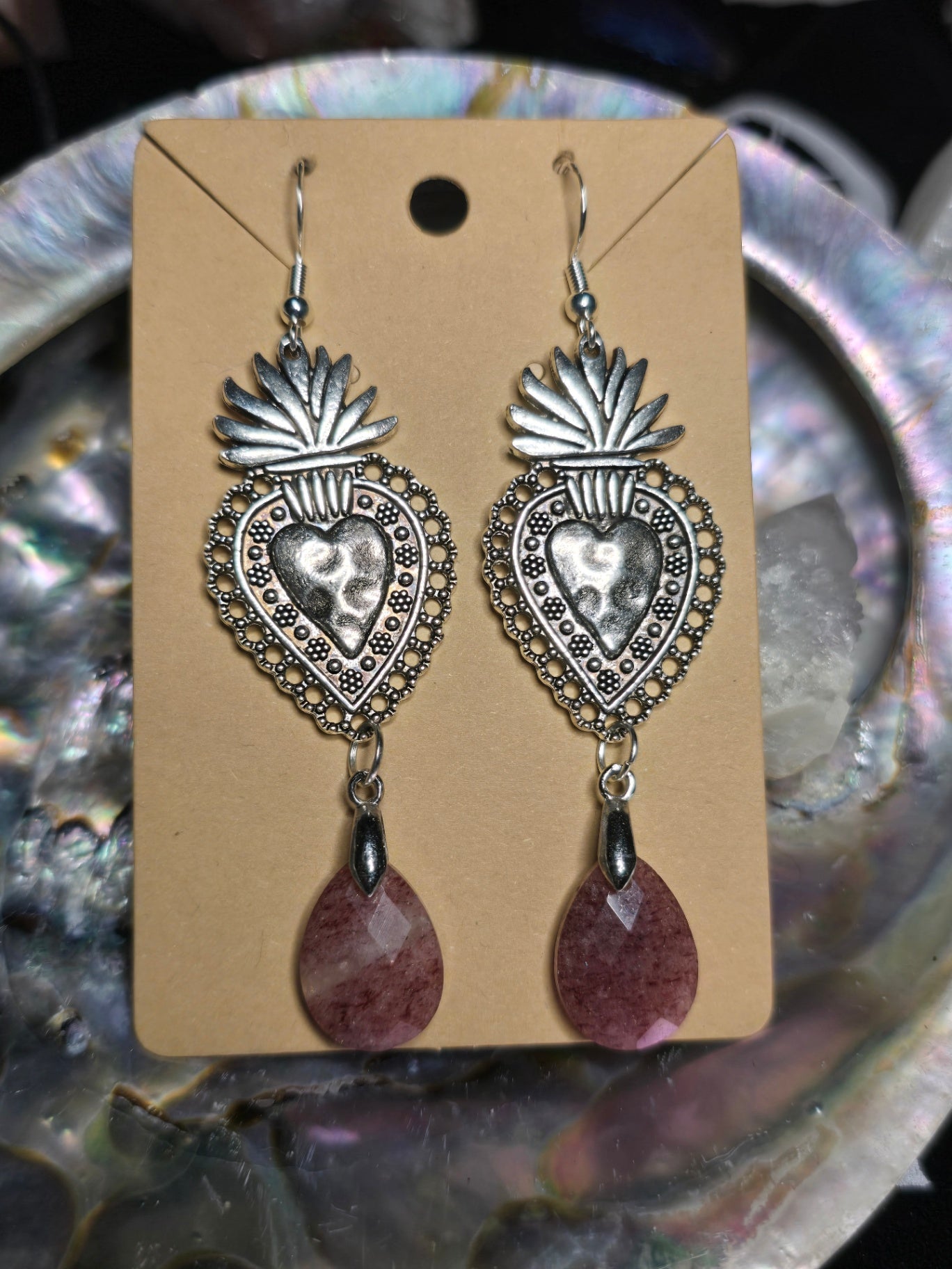 Strawberry quartz flaming heart earrings