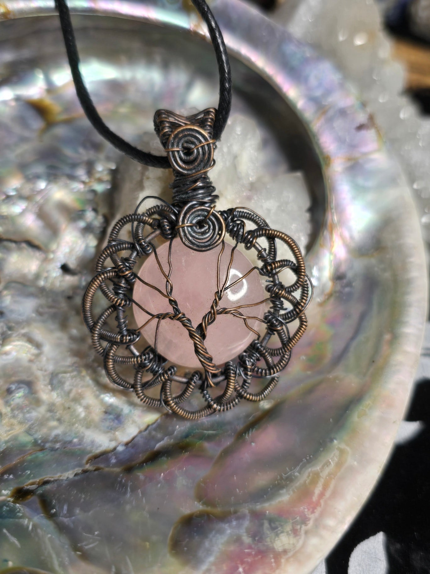 Rose quartz tree of life necklace