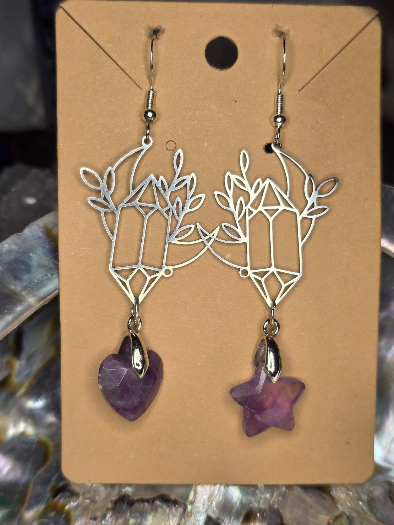 Amethyst heart and star earrings 