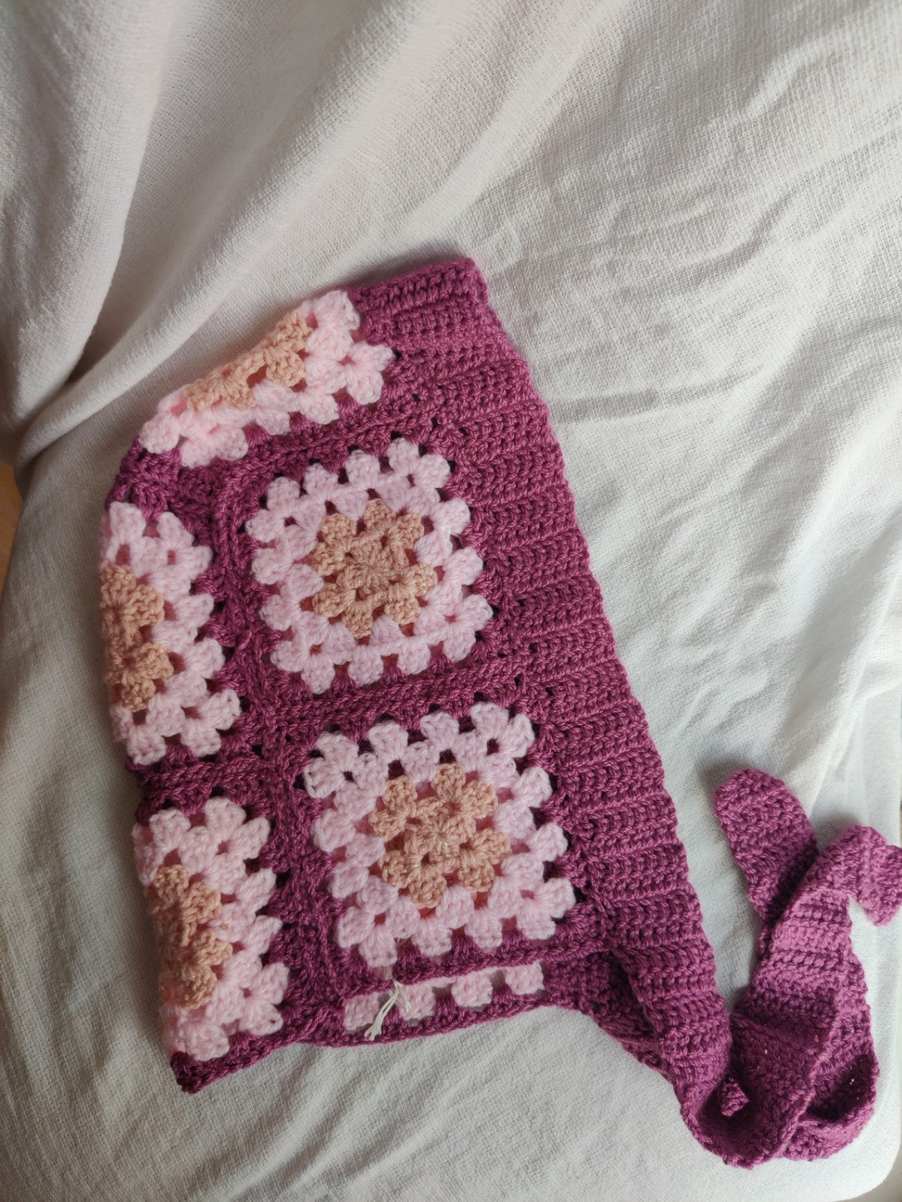 Crochet Pink, purple sparkle bonnet/ balaclava hat