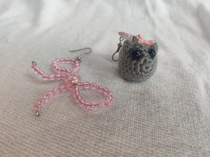 Crochet sad hamster and bow earrings