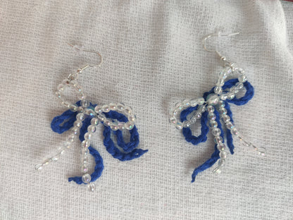 Blue festive Crochet and beaded bows earrings