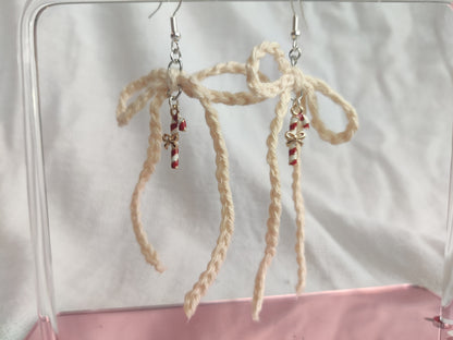 Crochet Christmas earrings, white bows, candy cane charms