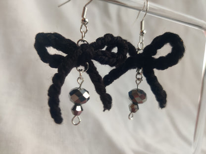 Black crochet bow earrings, disco beads