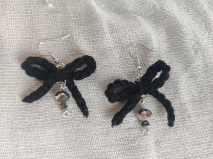 Black crochet bow earrings, disco beads