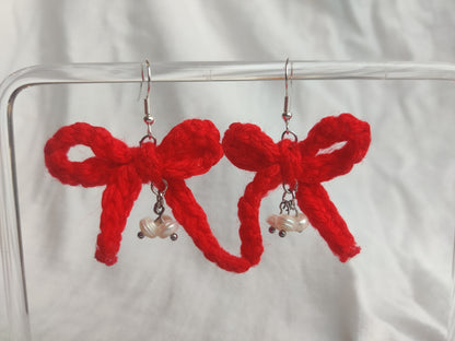 Crochet red bows with real fresh water pearls