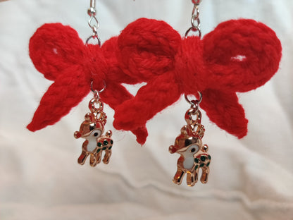 Crochet red bow earrings with reindeer charms