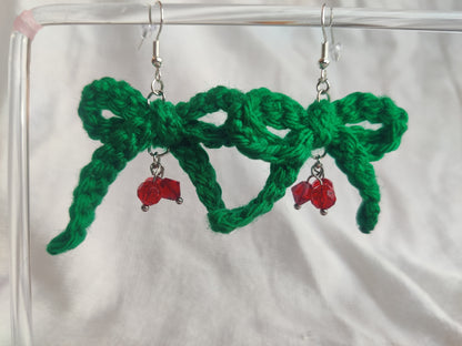 Crochet green bow earrings with red glass beads, holly berry