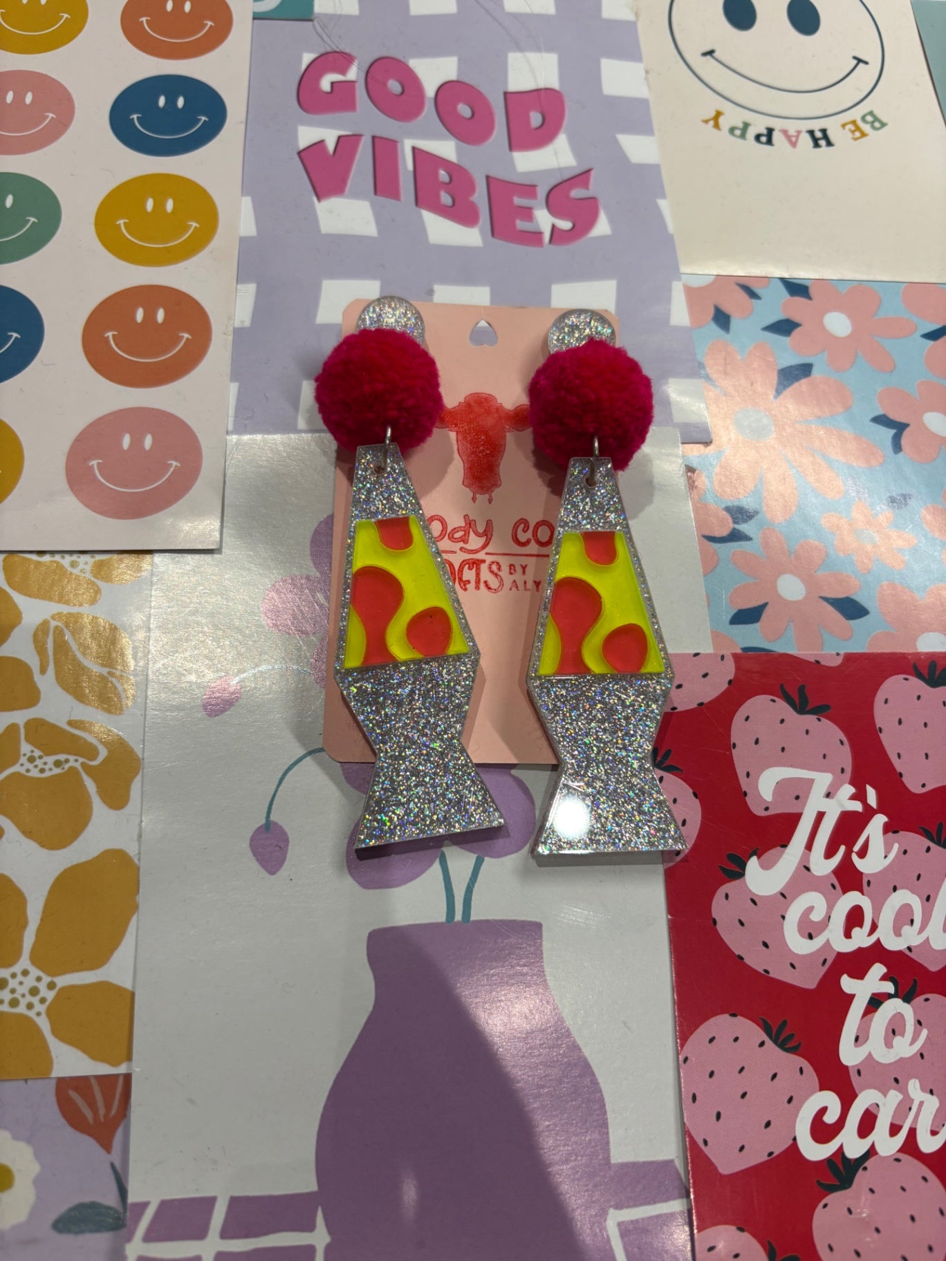 Hot Pink Lava Lamp Pom Pom Stack Earrings