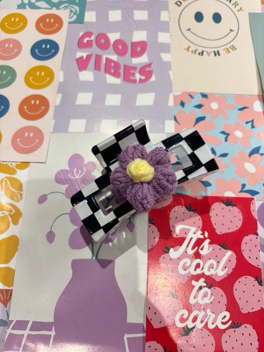 Purple Flower Check Claw Clip