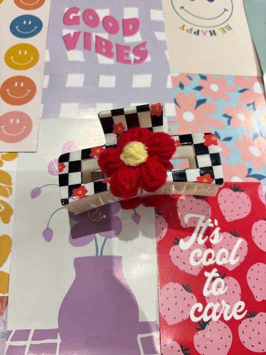 Red Flower Checkered Claw Clip