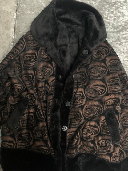 black faux fur geometric rose pattern coat