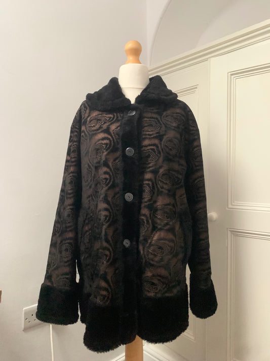 black faux fur geometric rose pattern coat