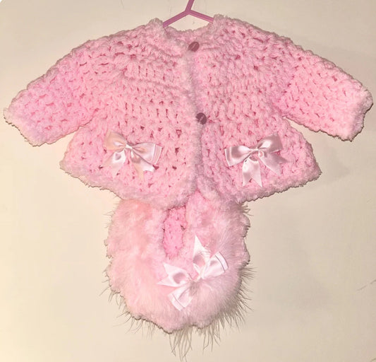 Pink Handmade Cardigan With Matching Hat 