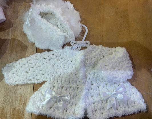 White Cardigan with matching Bonnet