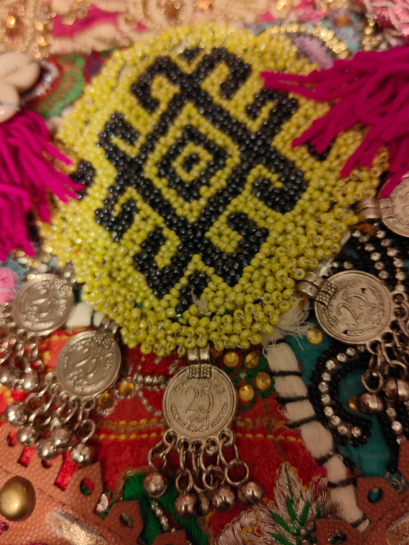 Chilean Boho bag -pink -coins shells tassles